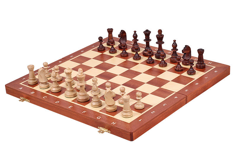 Jeu d'échecs DE TOURNOI No 5 en bois de charme avec l'échiquier en marqueterie de bois d'acajou et sycomore, de taille 5 (48 x 48cm) - Ensemble Complet - Jeu d'échecs DE TOURNOI No 5 en bois de charme avec l'échiquier en marqueterie de bois d'acajou et sycomore, de taille 5 (48 x 48cm) - Ensemble Complet