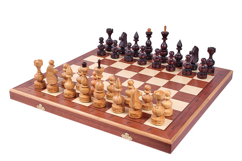 Jeu d'échecs DEBUT en bois de cerisier sauvage avec l'échiquier en marqueterie de bois d'acajou et sycomore, de grande taille (48 x 48cm) - Ensemble Complet - Jeu d'échecs DEBUT en bois de cerisier sauvage avec l'échiquier en marqueterie de bois d'acajou et sycomore, de grande taille (48 x 48cm) - Ensemble Complet