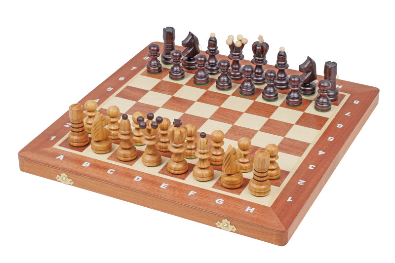 Jeu d'échecs PERLE en bois de charme avec échiquier en marqueterie de bois d'acajou et sysomore, de grande taille (41 x 41cm) - Ensemble Complet - Jeu d'échecs PERLE en bois de charme avec échiquier en marqueterie de bois d'acajou et sysomore, de grande taille (41 x 41cm) - Ensemble Complet