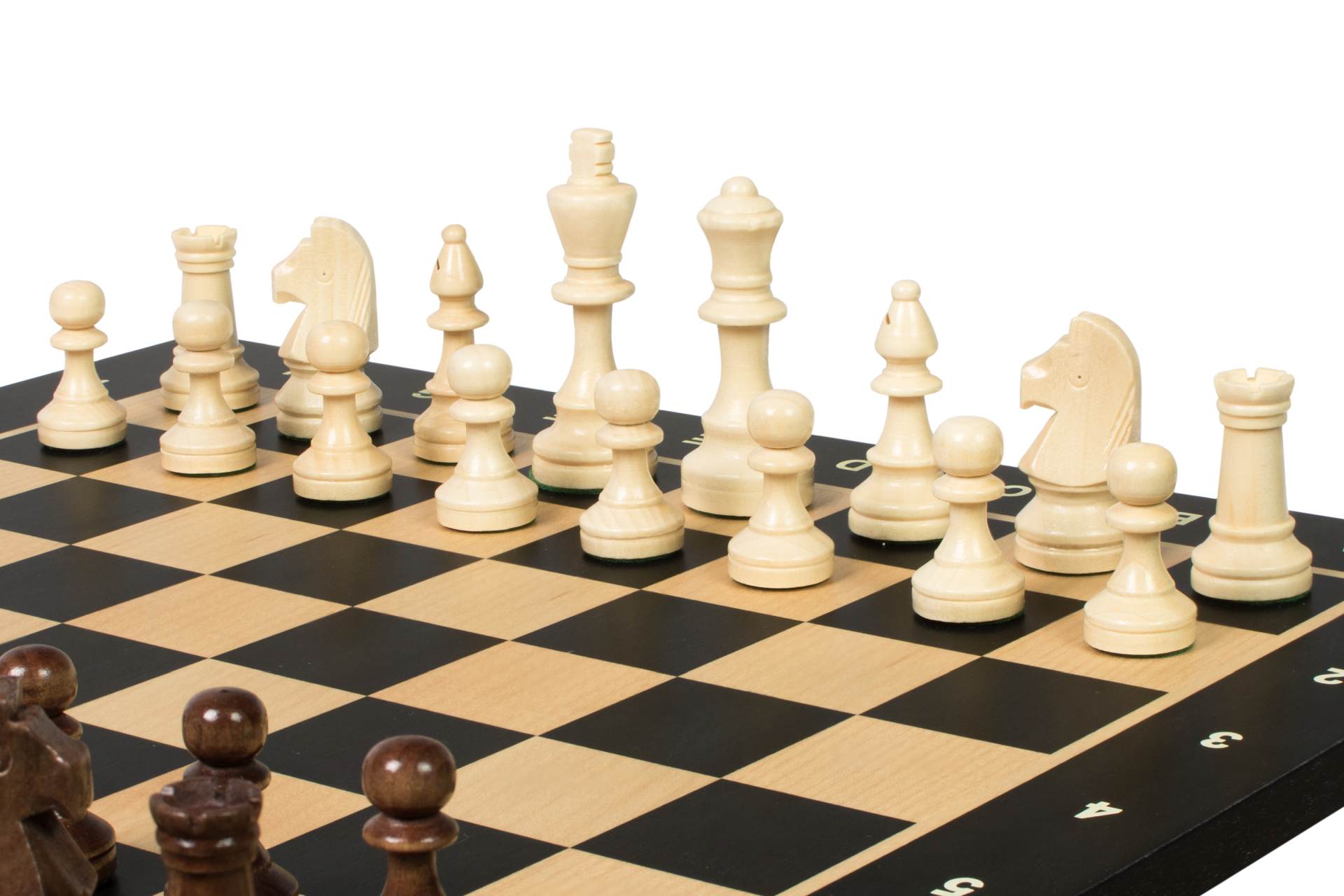 Jeu d'échecs de tournoi de Taille 4 - échiquier noir avec coordonneés en marqueterie de bois sycomore + figurines Sunrise Staunton - 301631b5baa6903cf760faa396e6d96b