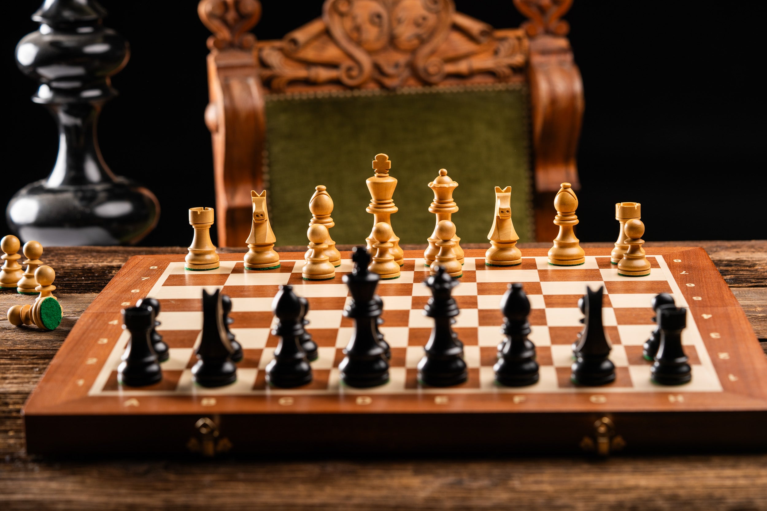 Jeu d'échecs de tournoi avec les pièces German Knight en bois de buis de taille 5 (48x48cm) - L'ensemble complet - Jeu d'échecs de tournoi avec les pièces German Knight en bois de buis de taille 5 (48x48cm) - L'ensemble complet