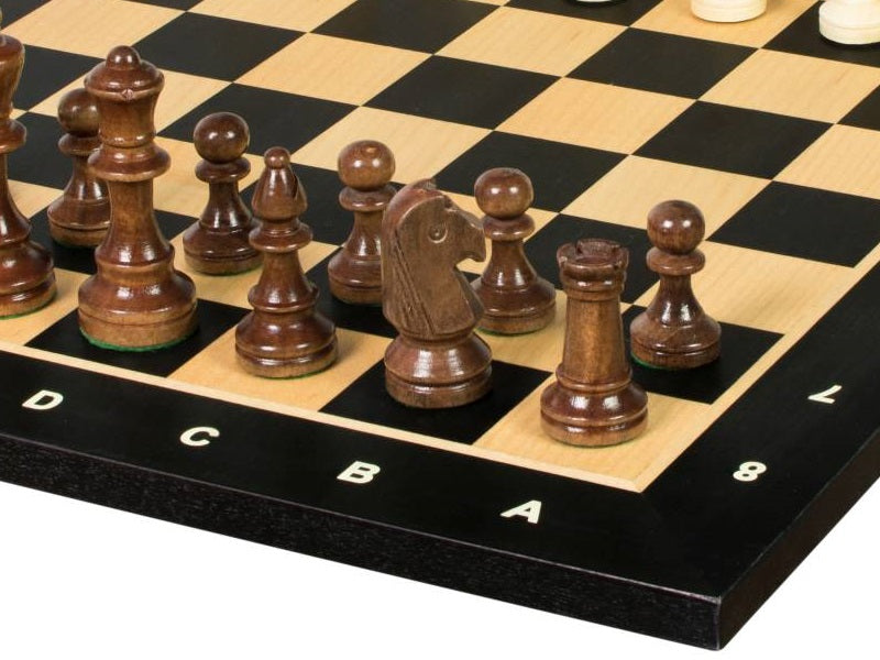 Jeu d'échecs de tournoi de Taille 4 - échiquier noir avec coordonneés en marqueterie de bois sycomore + figurines Sunrise Staunton - 45d83462f3f69b287246a45d18812ad1