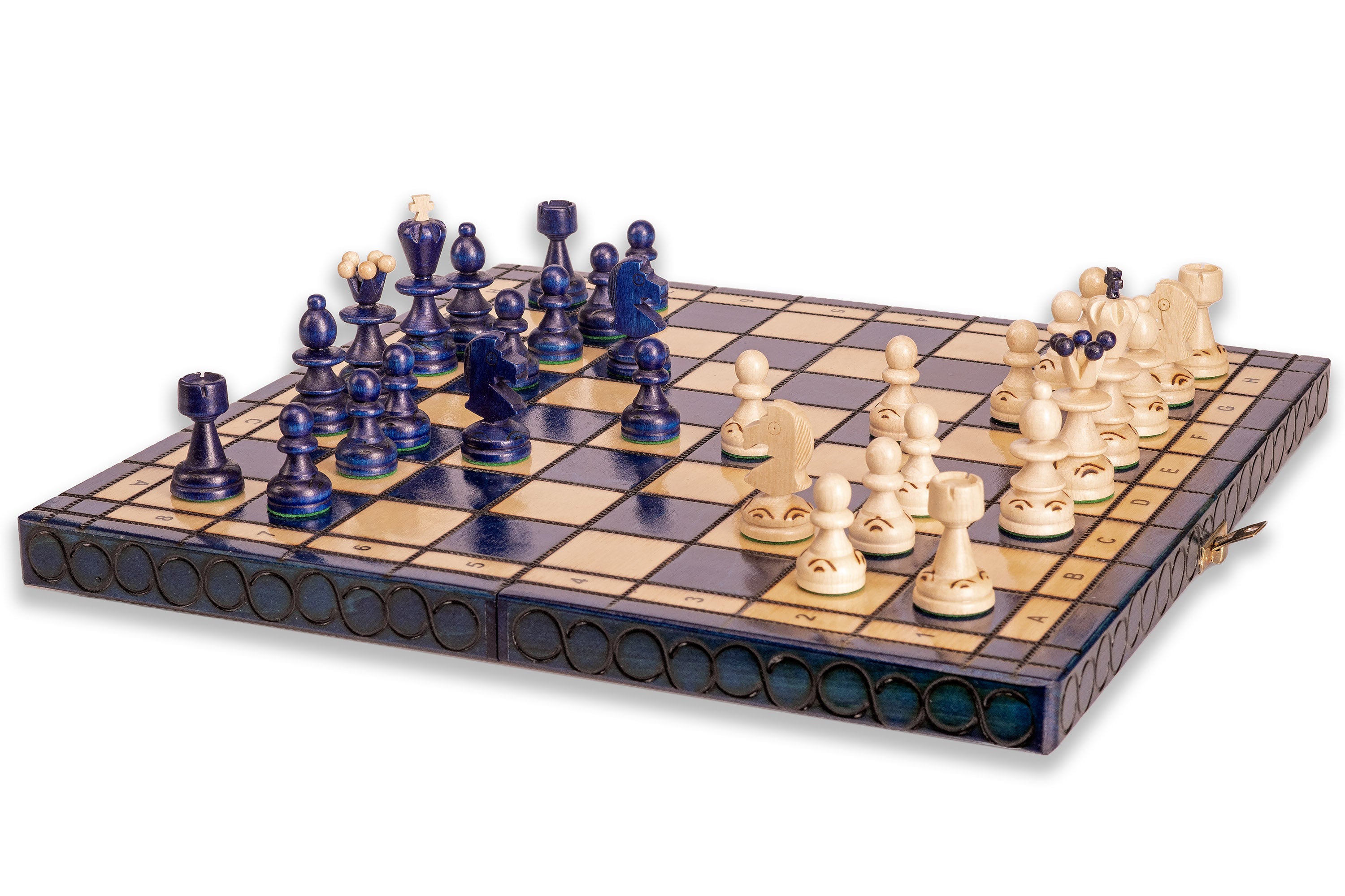 Jeu d'échecs PEARL Blue en bois de hêtre, de taille moyenne (36 x 36cm) - Ensemble Complet couleur bleue - Jeu d'échecs PEARL Blue en bois de hêtre, de taille moyenne (36 x 36cm) - Ensemble Complet couleur bleue