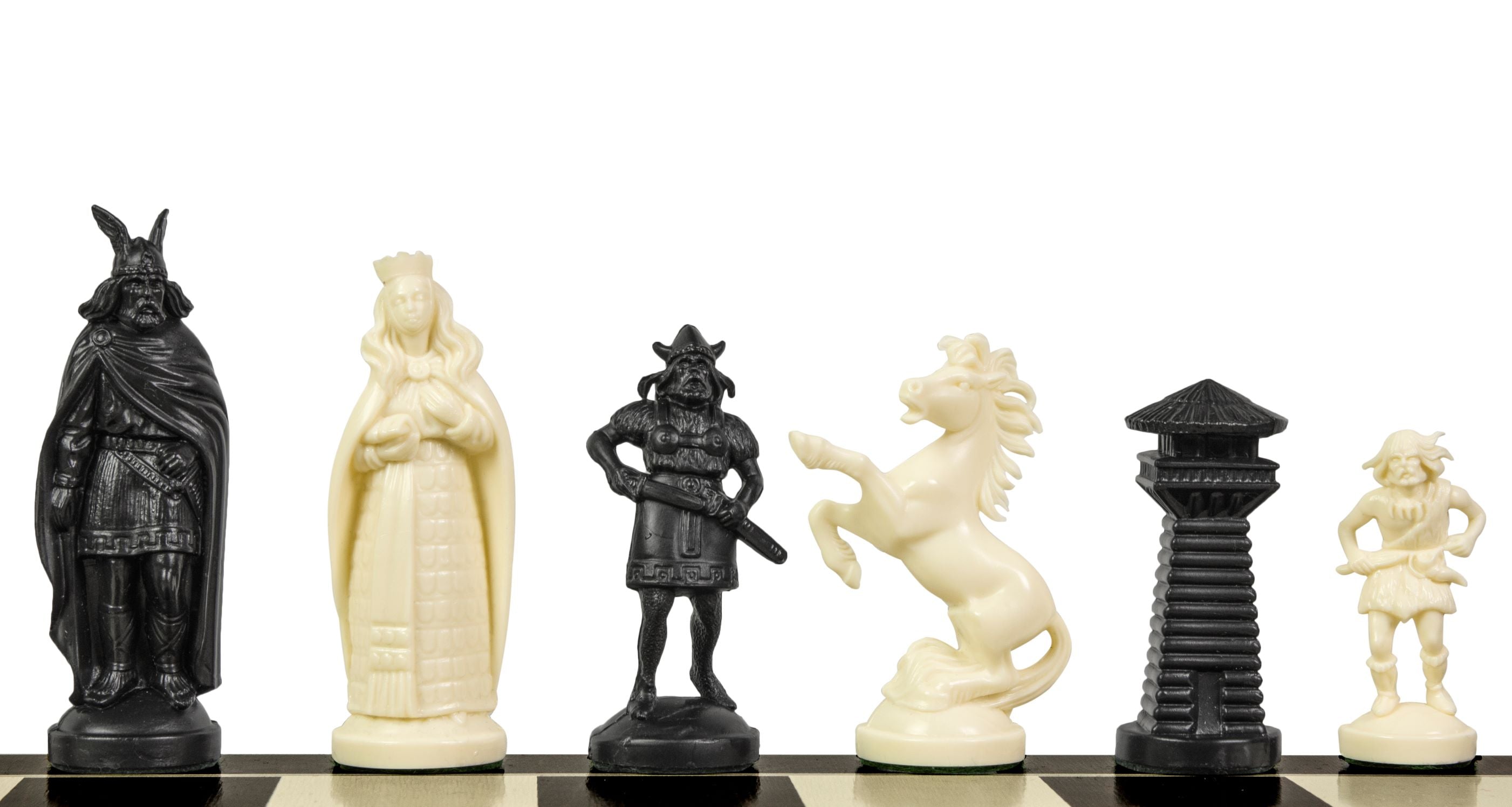Pièces d'échecs en plastique de style Viking, de couleur crème et noire de taille 6 dans un poly-sac (roi 98 mm) - Pièces d'échecs en plastique de style Viking, de couleur crème et noire de taille 6 dans un poly-sac (roi 98 mm)