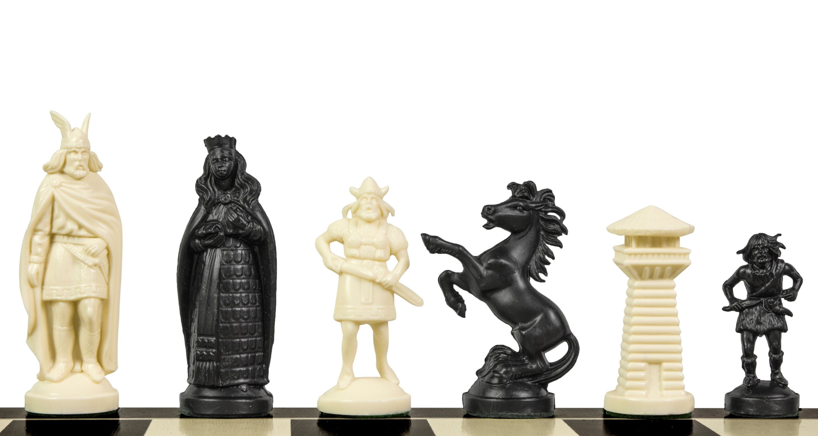 Pièces d'échecs en plastique de style Viking, de couleur crème et noire de taille 6 dans un poly-sac (roi 98 mm) - Pièces d'échecs en plastique de style Viking, de couleur crème et noire de taille 6 dans un poly-sac (roi 98 mm)