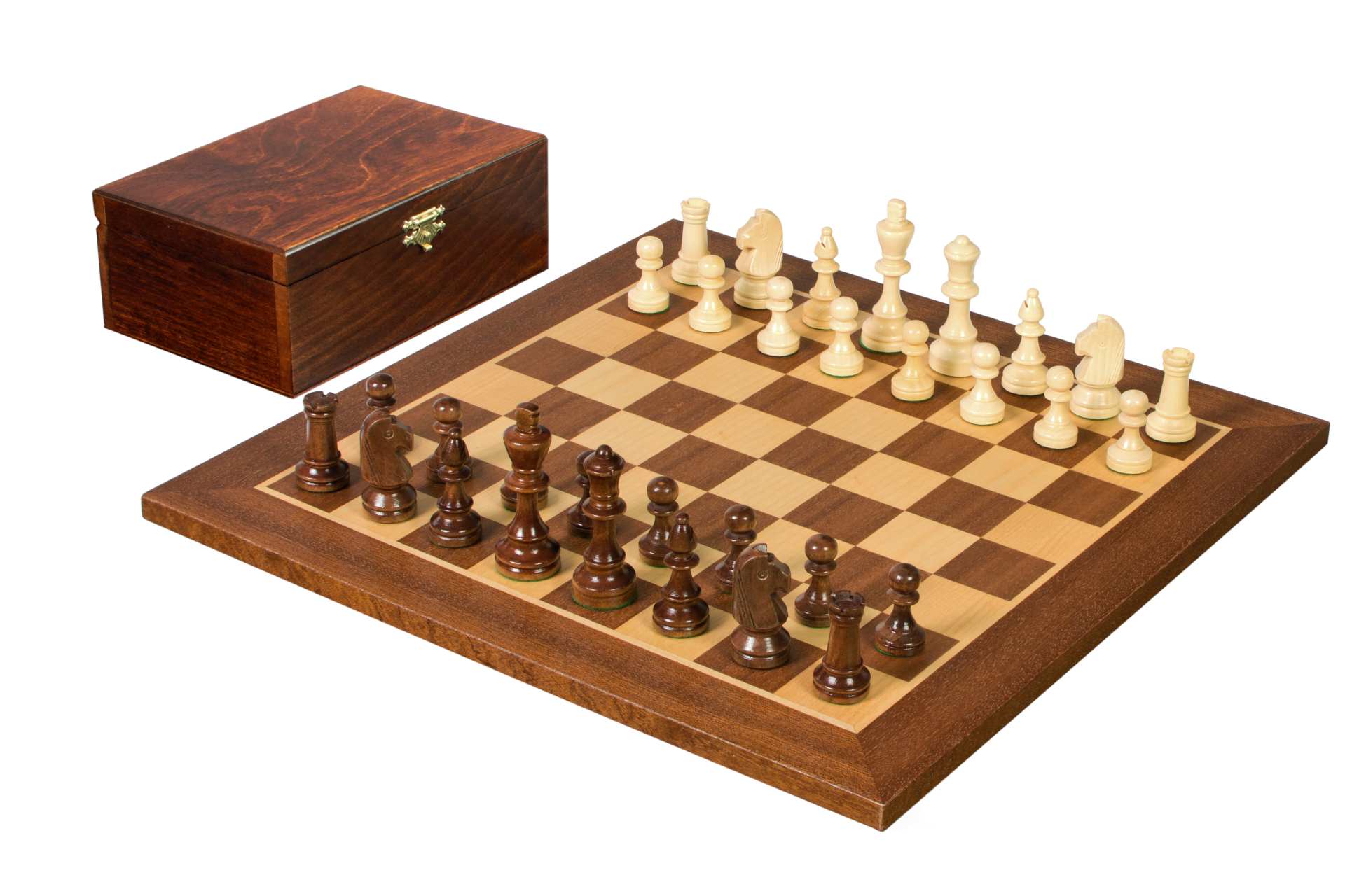 Jeu d'échecs de tournoi de Taille 4 - échiquier acajou/sycomore + figurines Sunrise Staunton + boîte de rangement en bois foncé - Jeu d'échecs de tournoi de Taille 4 - échiquier acajou/sycomore + figurines Sunrise Staunton + boîte de rangement en bois foncé