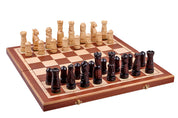 Jeu d'échecs en bois sculpté DU CHÂTEAU (60 x 60 cm) avec l'échiquier en marqueterie de bois d'acajou et sycomore