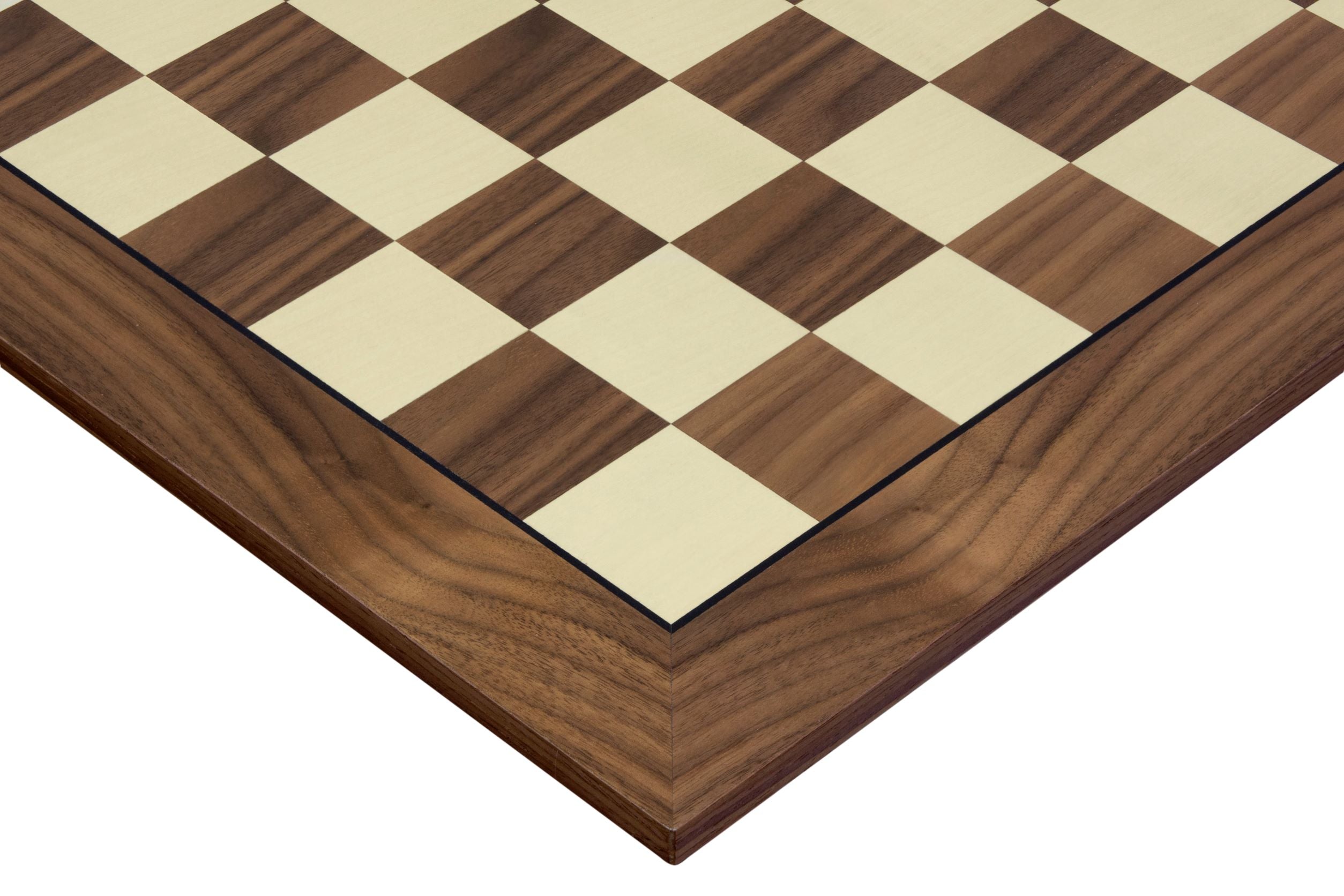 Echiquier sans coordonnées en marqueterie de bois de noyer et sycomore - échiquier luxe de Taille 5+/6 avec une bande noire séparant les cases et les bords - Echiquier sans coordonnées en marqueterie de bois de noyer et sycomore - échiquier luxe de Taille 5+/6 avec une bande noire séparant les cases et les bords