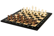 Jeu d'échecs de tournoi de Taille 4 - échiquier noir avec coordonneés en marqueterie de bois sycomore + figurines Sunrise Staunton