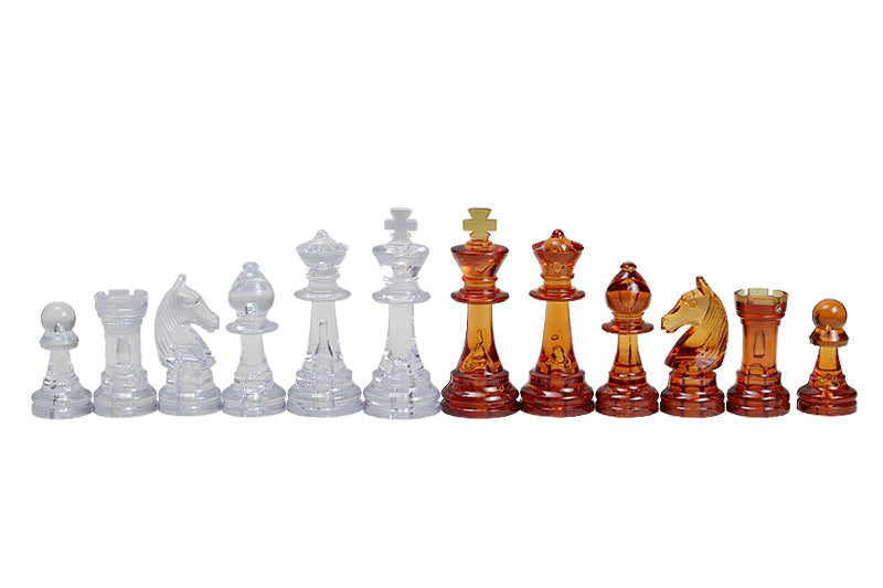 Les pièces d'échecs en plastique transparentes et ambrées de taille 6 dans un poly-sac  (roi 96 mm) - Les pièces d'échecs en plastique transparentes et ambrées de taille 6 dans un poly-sac  (roi 96 mm)