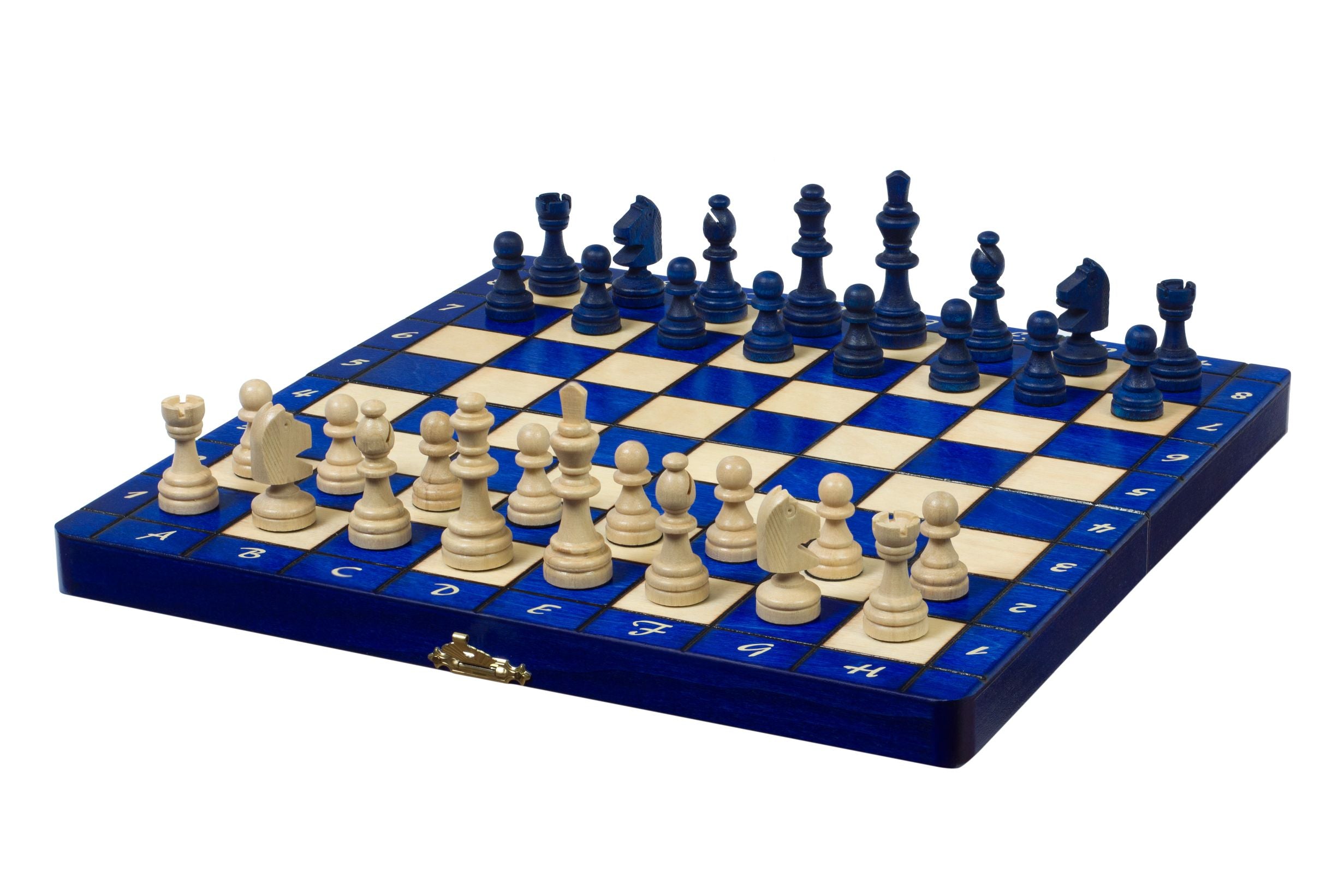 Jeu d'échecs MAGNETIQUE en bois de charme, pliant, de petite taille (28 x 28cm) - Ensemble Complet, couleur bleue - Jeu d'échecs MAGNETIQUE en bois de charme, pliant, de petite taille (28 x 28cm) - Ensemble Complet, couleur bleue
