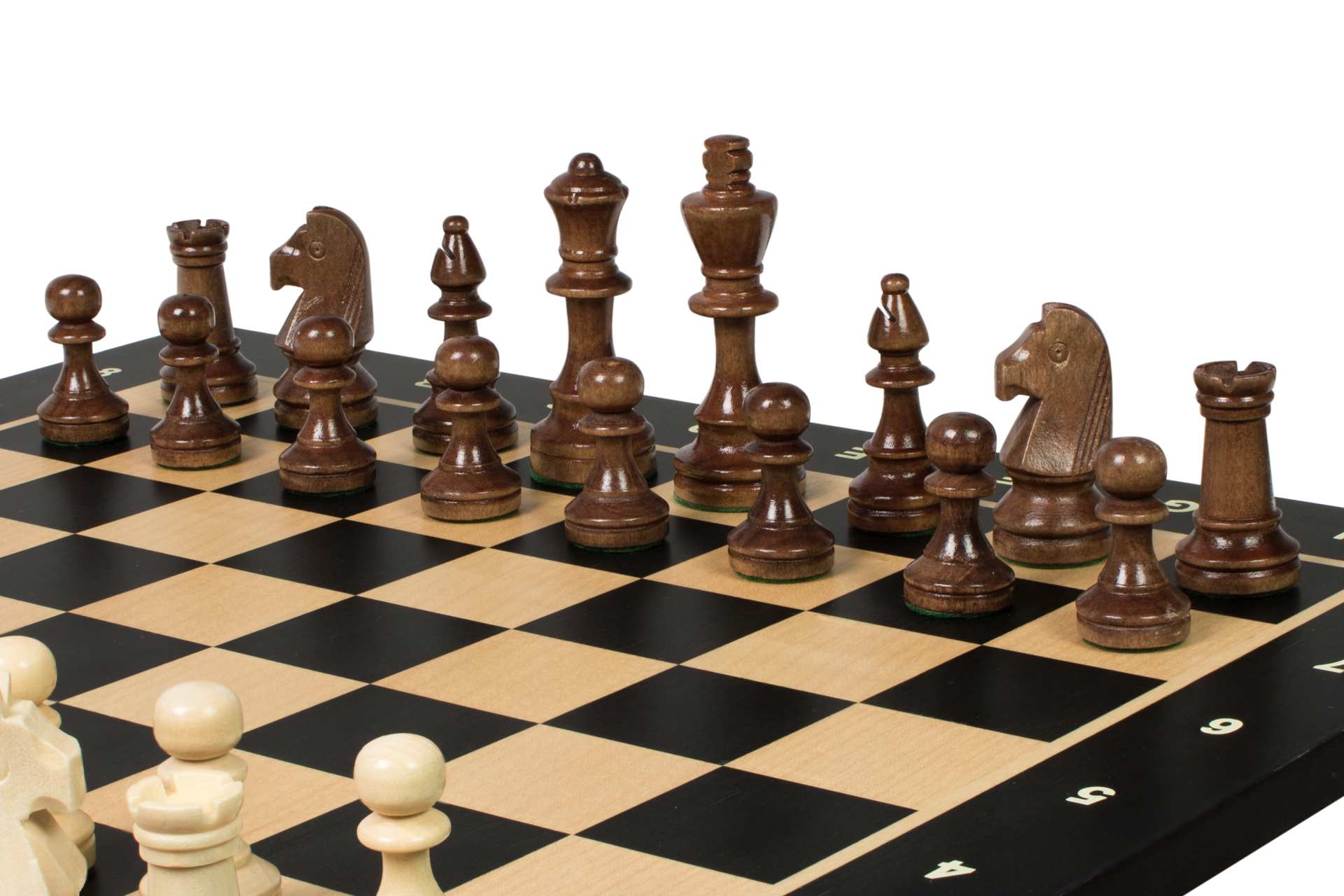 Jeu d'échecs de tournoi de Taille 4 - échiquier noir avec coordonneés en marqueterie de bois sycomore + figurines Sunrise Staunton - 7cbce1ff155a3ee6c304e00848314675
