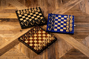 Jeu d'échecs MAGNETIQUE en bois de charme, pliant, de petite taille (28 x 28cm) - Ensemble Complet, couleur bleue