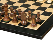 Jeu d'échecs de tournoi de Taille 4 - échiquier noir en marqueterie de bois sycomore + figurines Sunrise Staunton