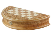 Jeu d'échecs RUBIN en bois de cerisier sauvage avec l'échiquier rond marqueté de bois de ceriser et sycomore, de petite taille (33cm) - Ensemble Complet
