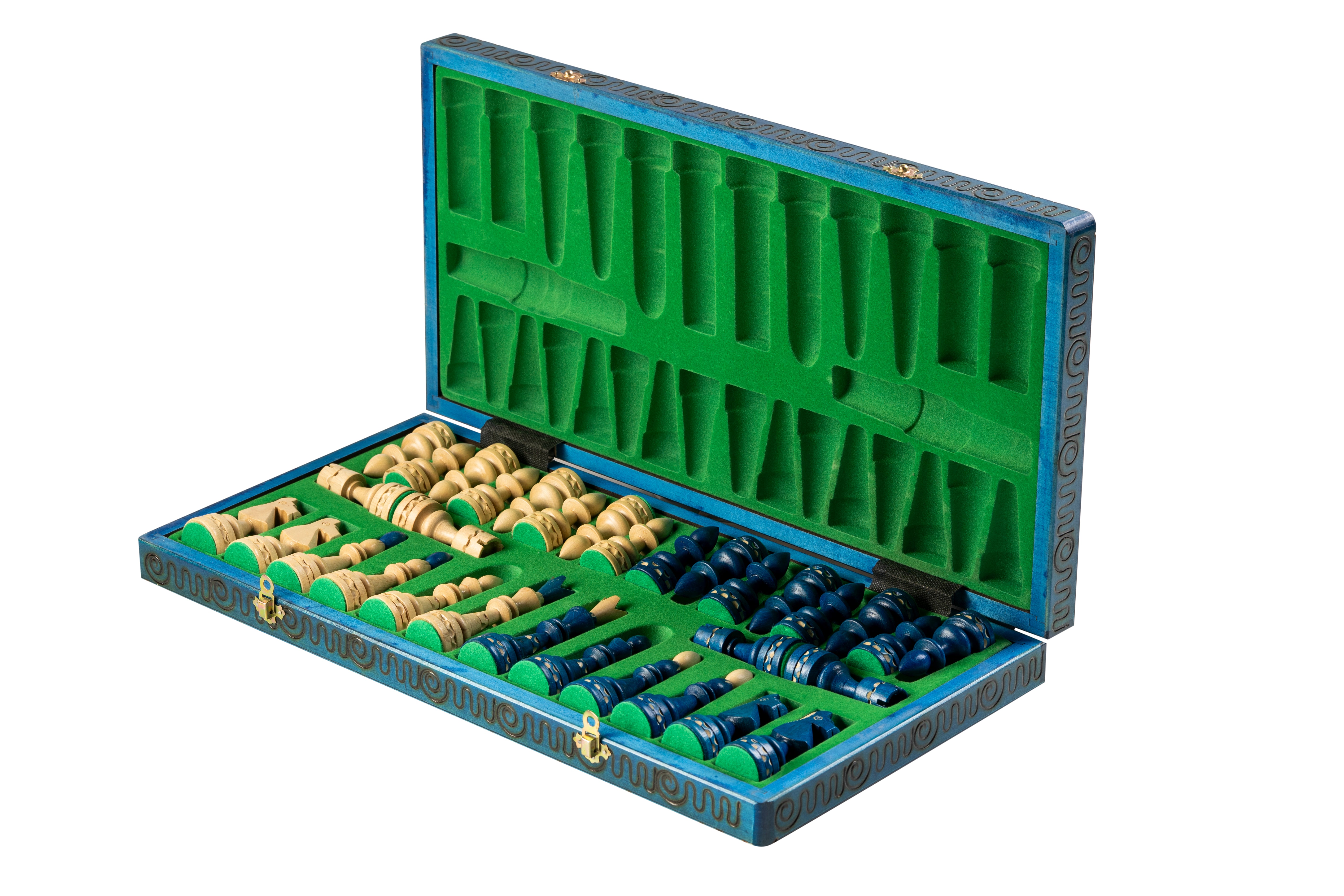 Jeu d'd'échecs INDIEN Blue en bois de charme, de grande taille  (54 x 54cm) - Ensemble Complet - Jeu d'd'échecs INDIEN Blue en bois de charme, de grande taille  (54 x 54cm) - Ensemble Complet