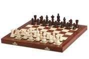 Jeu d'échecs OLYMPIQUE en bois de charme  avec l'échiquier en marqueterie de bois d'acajou et sycomore, de taille moyenne (35 x 35 cm) - Ensemble Complet