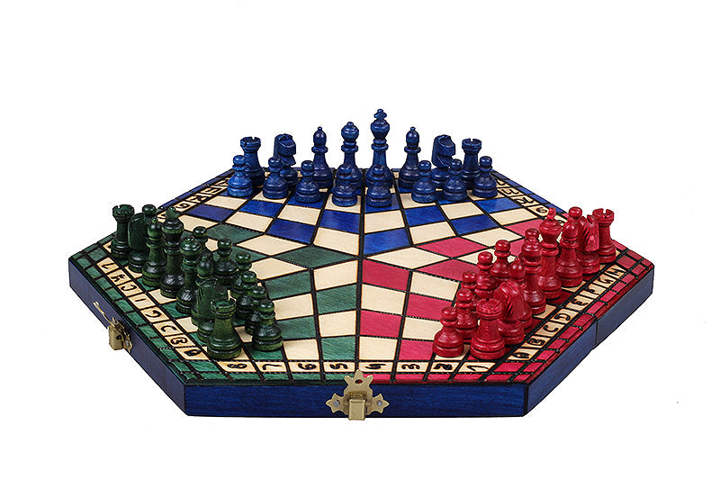 Jeu d'échecs en bois YALTA 3 Joueurs de petite taille (32 x 28 cm) - jeu tricolore - Jeu d'échecs en bois YALTA 3 Joueurs de petite taille (32 x 28 cm) - jeu tricolore