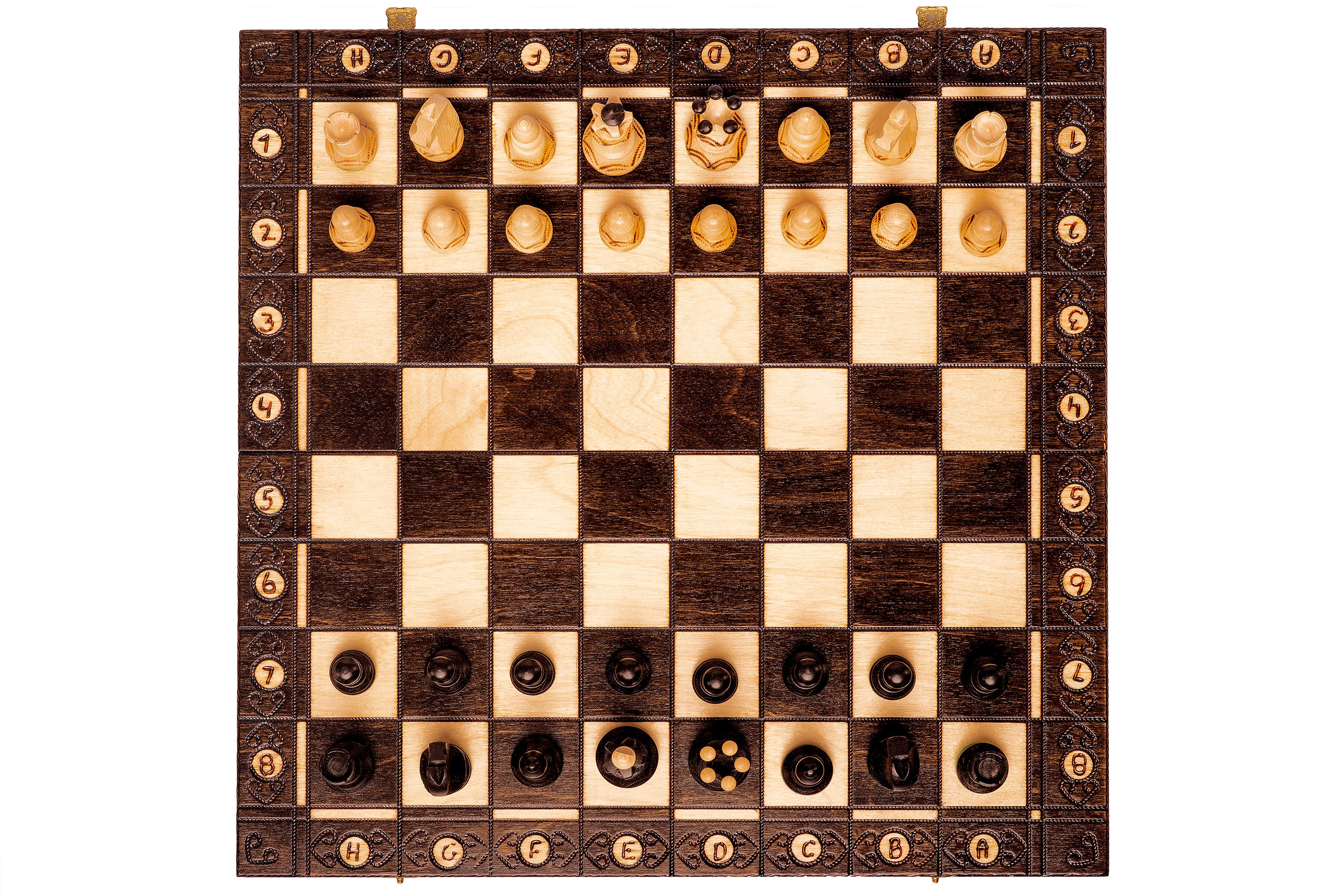 Jeu d'échecs en bois SENATOR 42 × 42 cm — pièces sculptées, noires (roi 80 mm, notation, pliable) - Jeu d'échecs en bois SENATOR 42 × 42 cm — pièces sculptées, noires (roi 80 mm, notation, pliable)