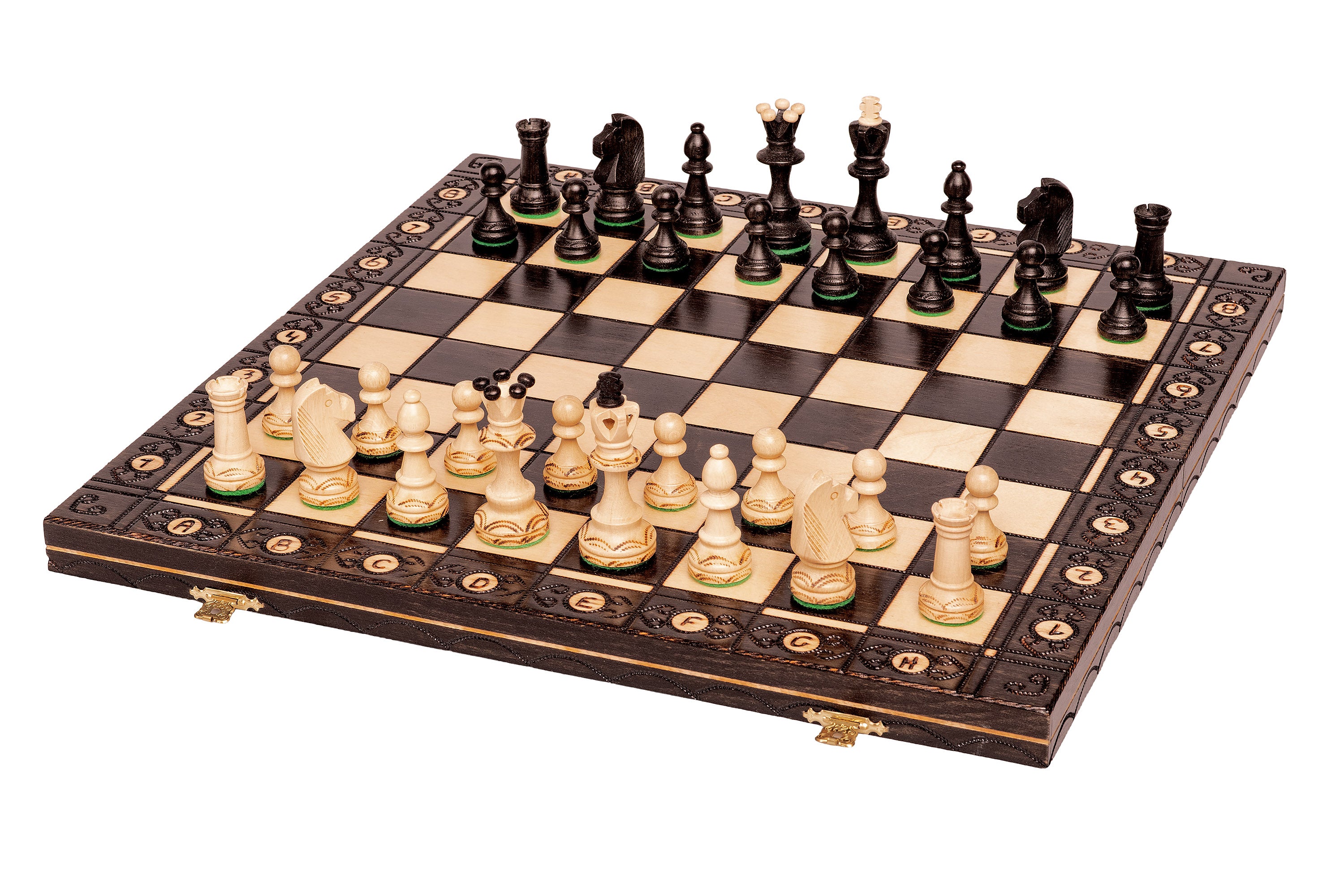 Jeu d'échecs en bois SENATOR 42 × 42 cm — pièces sculptées, noires (roi 80 mm, notation, pliable) - Jeu d'échecs en bois SENATOR 42 × 42 cm — pièces sculptées, noires (roi 80 mm, notation, pliable)