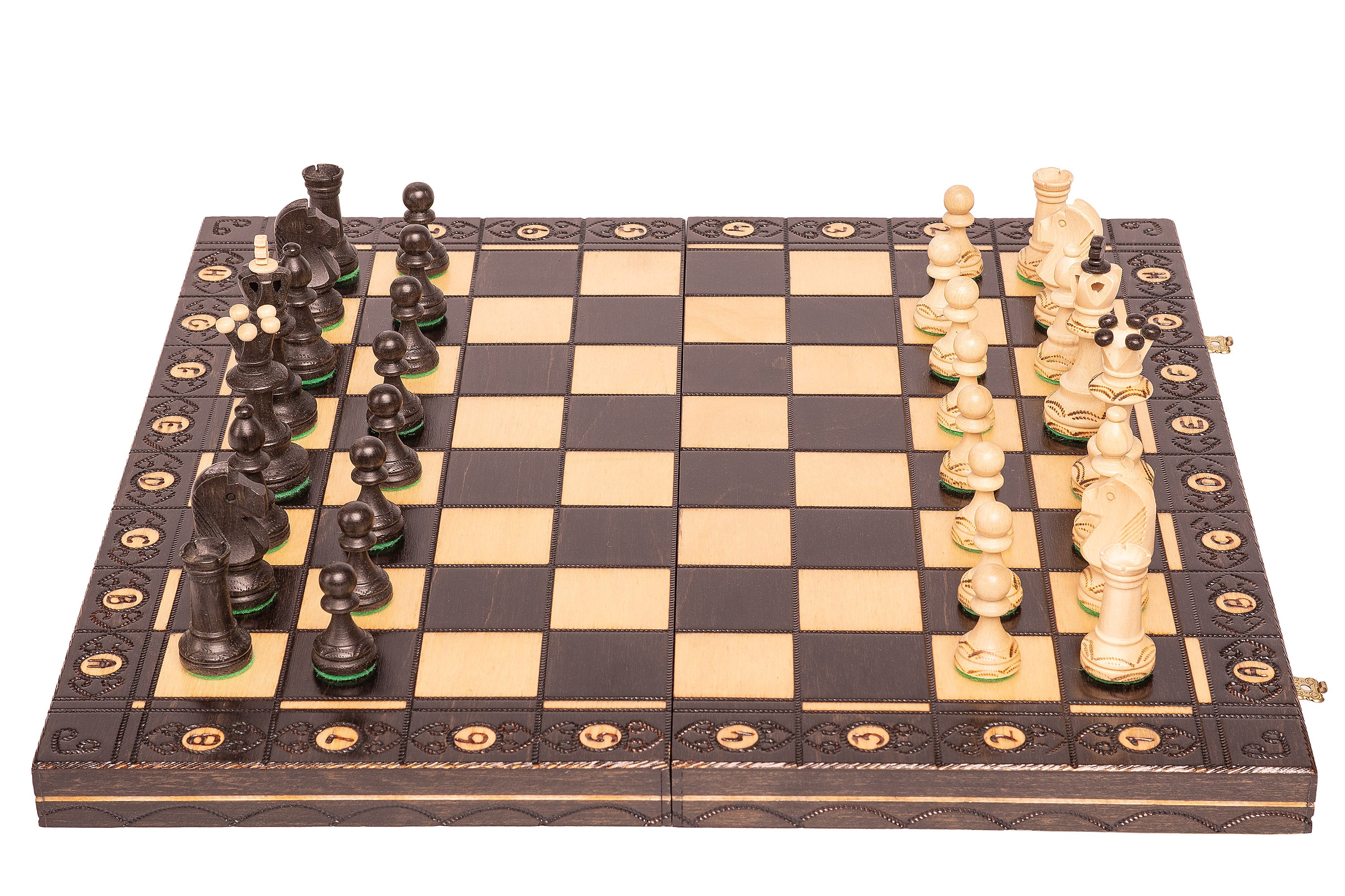 Jeu d'échecs en bois SENATOR 42 × 42 cm — pièces sculptées, noires (roi 80 mm, notation, pliable) - Jeu d'échecs en bois SENATOR 42 × 42 cm — pièces sculptées, noires (roi 80 mm, notation, pliable)