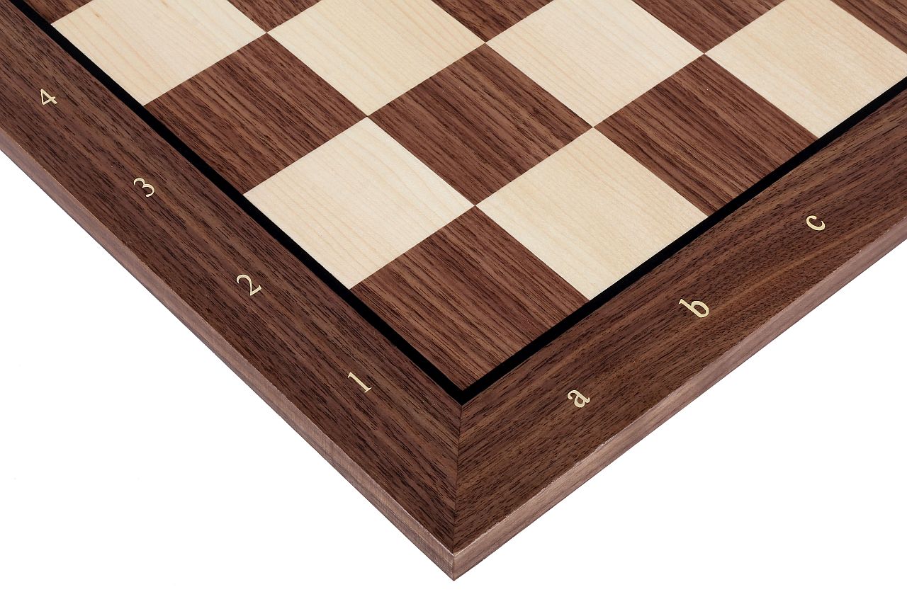 Echiquier avec coordonnées en marqueterie de bois de noyer et sycomore - échiquier luxe de Taille 6 avec une bande noire séparant les cases et les bords - Echiquier avec coordonnées en marqueterie de bois de noyer et sycomore - échiquier luxe de Taille 6 avec une bande noire séparant les cases et les bords