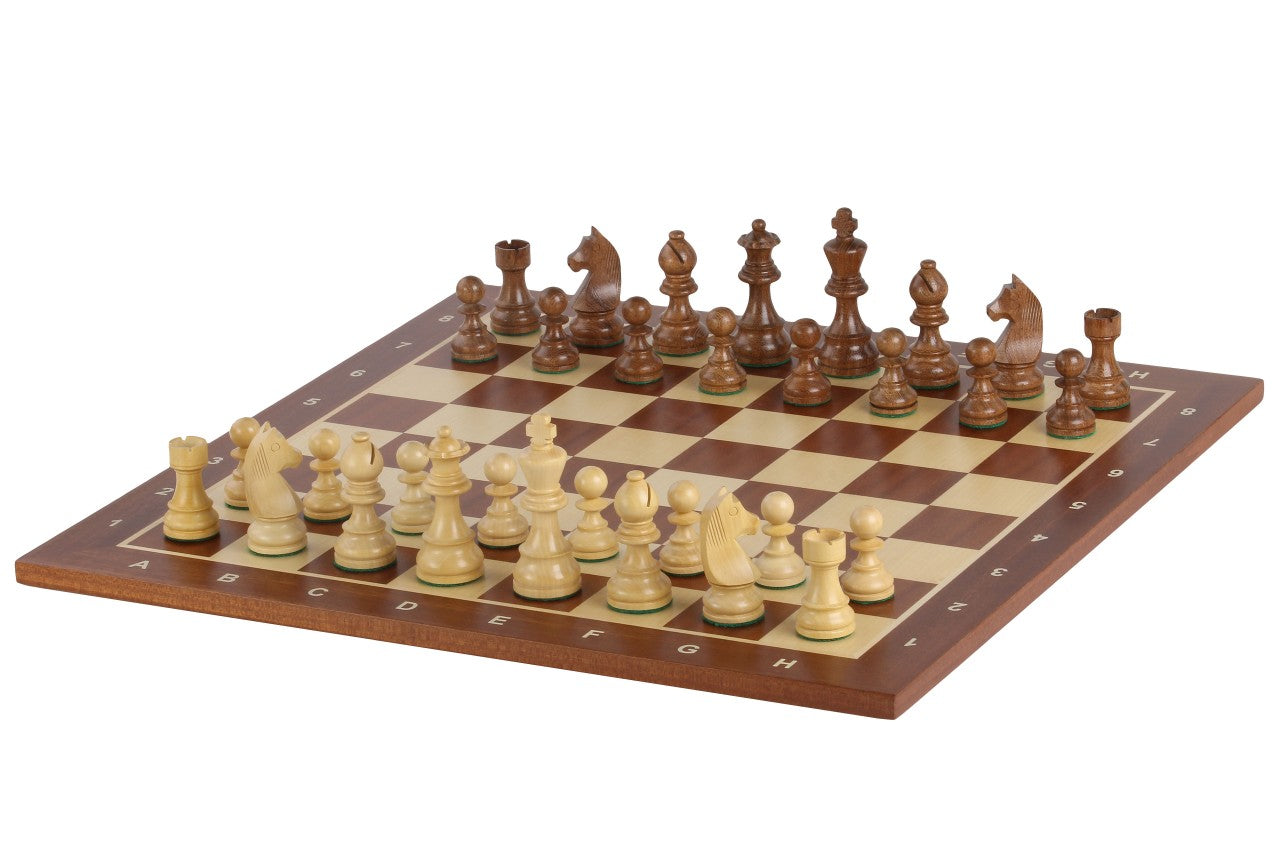 Échiquier avec coordonnées en marqueterie de bois d'acajou et sycomore  + Pièces d'échecs Timeless Acacia - Ensemble de taille 6 - Échiquier avec coordonnées en marqueterie de bois d'acajou et sycomore  + Pièces d'échecs Timeless Acacia - Ensemble de taille 6