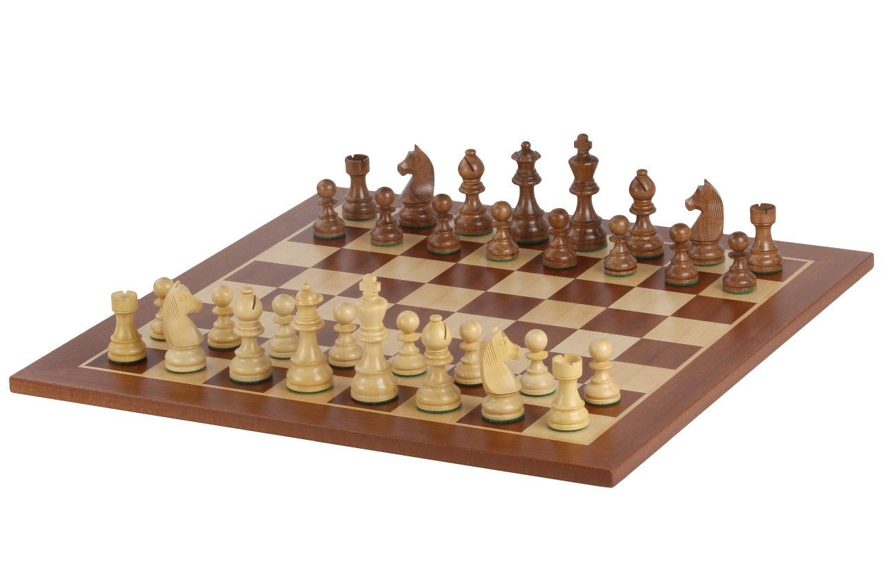 Échiquier en marqueterie de bois d'acajou et sycomore  + Pièces d'échecs Timeless Acacia - Ensemble de taille 6 - Échiquier en marqueterie de bois d'acajou et sycomore  + Pièces d'échecs Timeless Acacia - Ensemble de taille 6