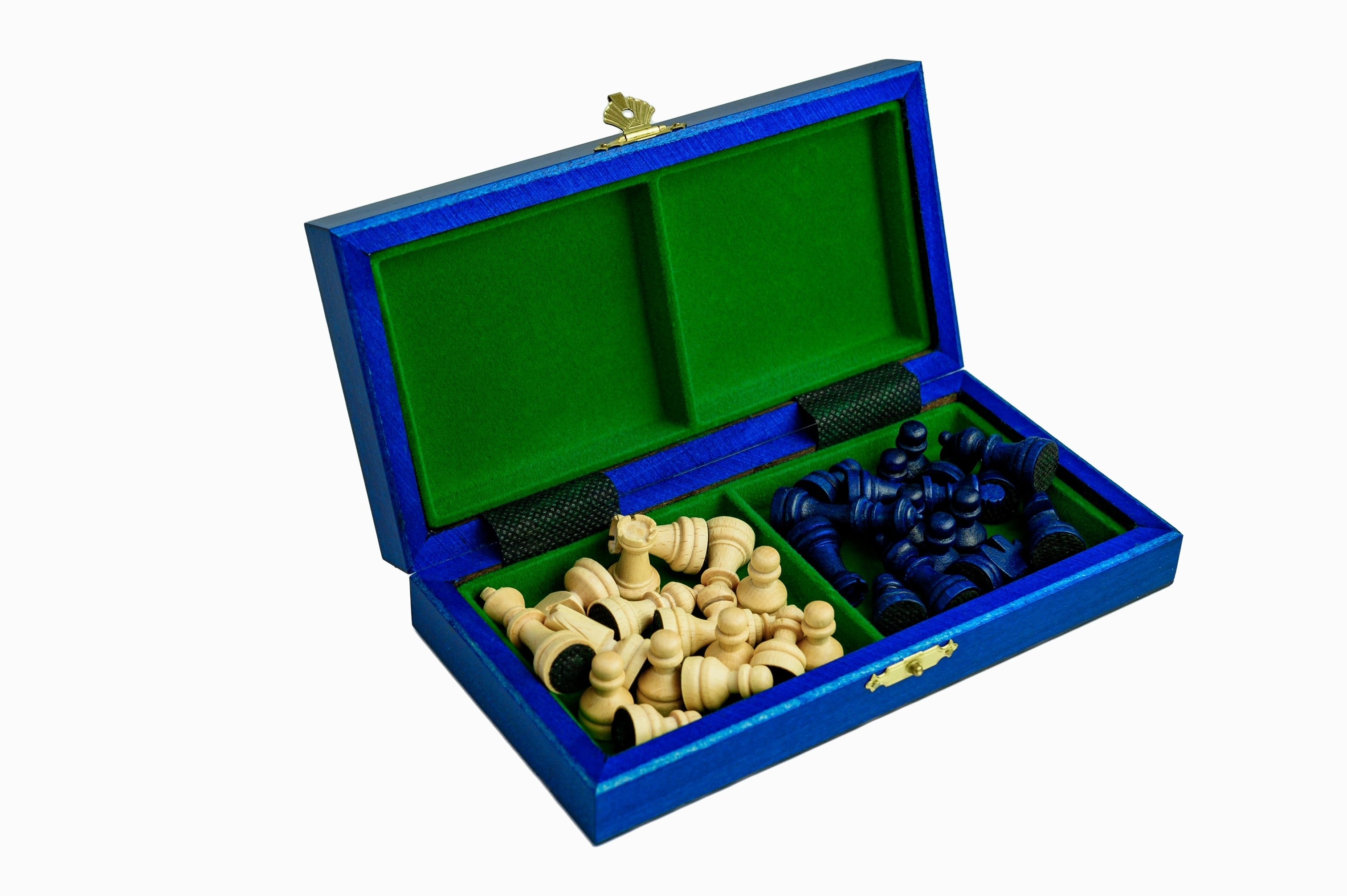 Jeu d'échecs School MINI Blue en bois de charme, pliant, de petite taille (20 x 20cm) - Ensemble Complet - Jeu d'échecs School MINI Blue en bois de charme, pliant, de petite taille (20 x 20cm) - Ensemble Complet