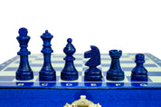 Jeu d'échecs MAGNETIQUE MINI Blue en bois de charme, pliant, de petite taille (20 x 20cm) - Ensemble Complet