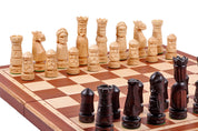 Jeu d'échecs en bois sculpté DU CHÂTEAU (60 x 60 cm) avec l'échiquier en marqueterie de bois d'acajou et sycomore