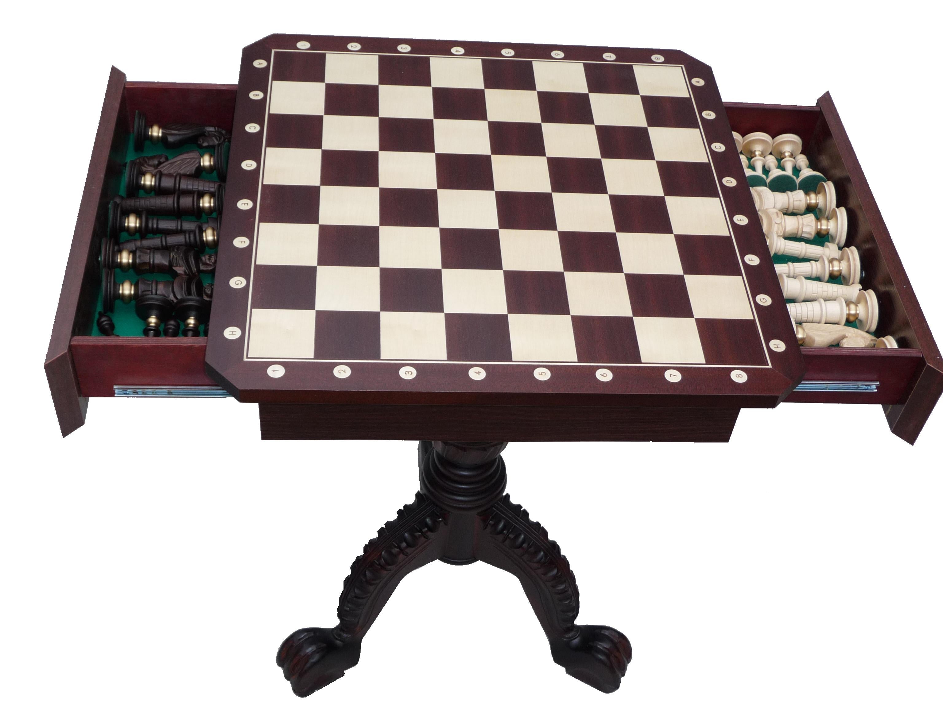 Table d'échecs en bois foncé avec un plateau carrré avec les coordonnées, sans pièces d'échecs - Table d'échecs en bois foncé avec un plateau carrré avec les coordonnées, sans pièces d'échecs