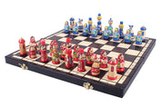 Jeu d'Echecs BABOUCHKA BLEU sculpté en bois de bouleau, de taille moyenne (42 x 42cm) - Ensemble Complet