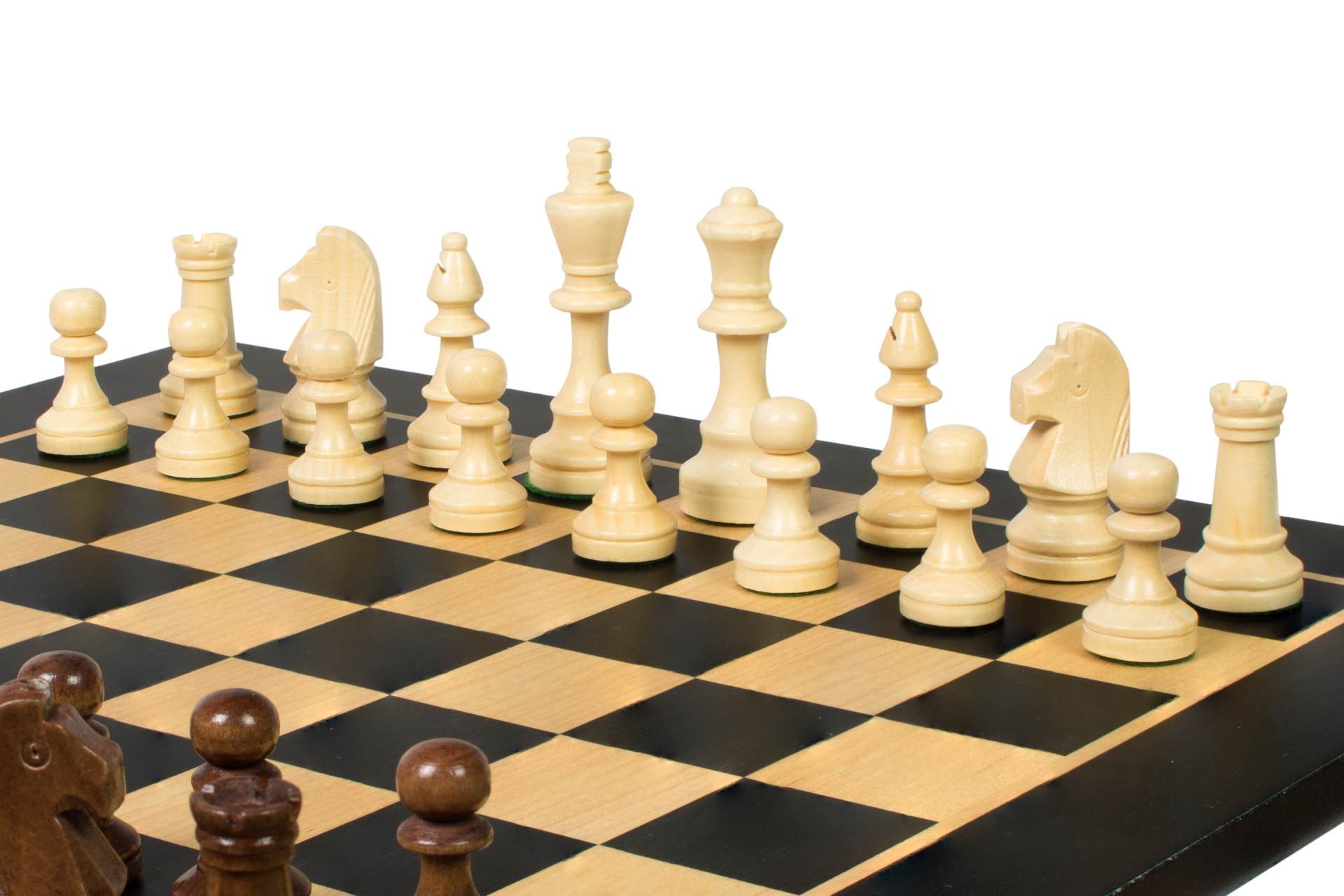 Jeu d'échecs de tournoi de Taille 4 - échiquier noir en marqueterie de bois sycomore + figurines Sunrise Staunton - Jeu d'échecs de tournoi de Taille 4 - échiquier noir en marqueterie de bois sycomore + figurines Sunrise Staunton
