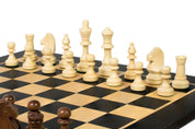 Jeu d'échecs de tournoi de Taille 4 - échiquier noir en marqueterie de bois sycomore + figurines Sunrise Staunton